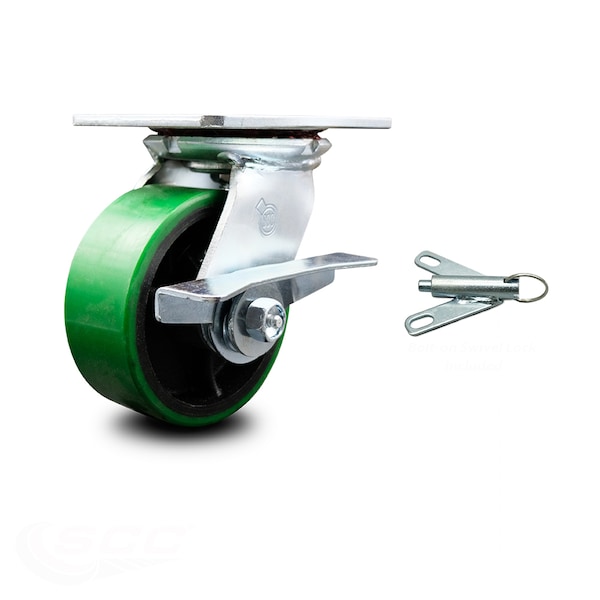 5 Inch Green Poly on Cast Iron Caster with Ball Bearing and Brake/Swivel Lock